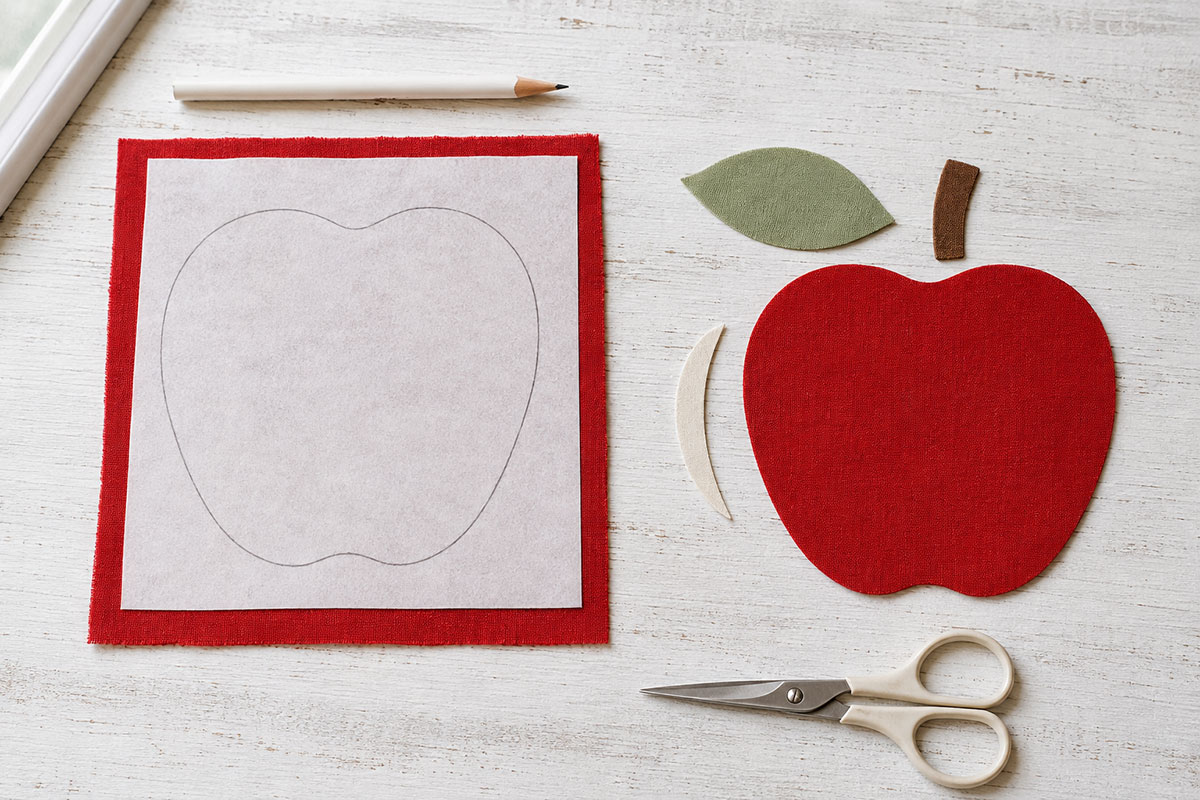Apple quilt fabric pieces cut from red green brown and white cotton beside a rotary cutter and quilting ruler