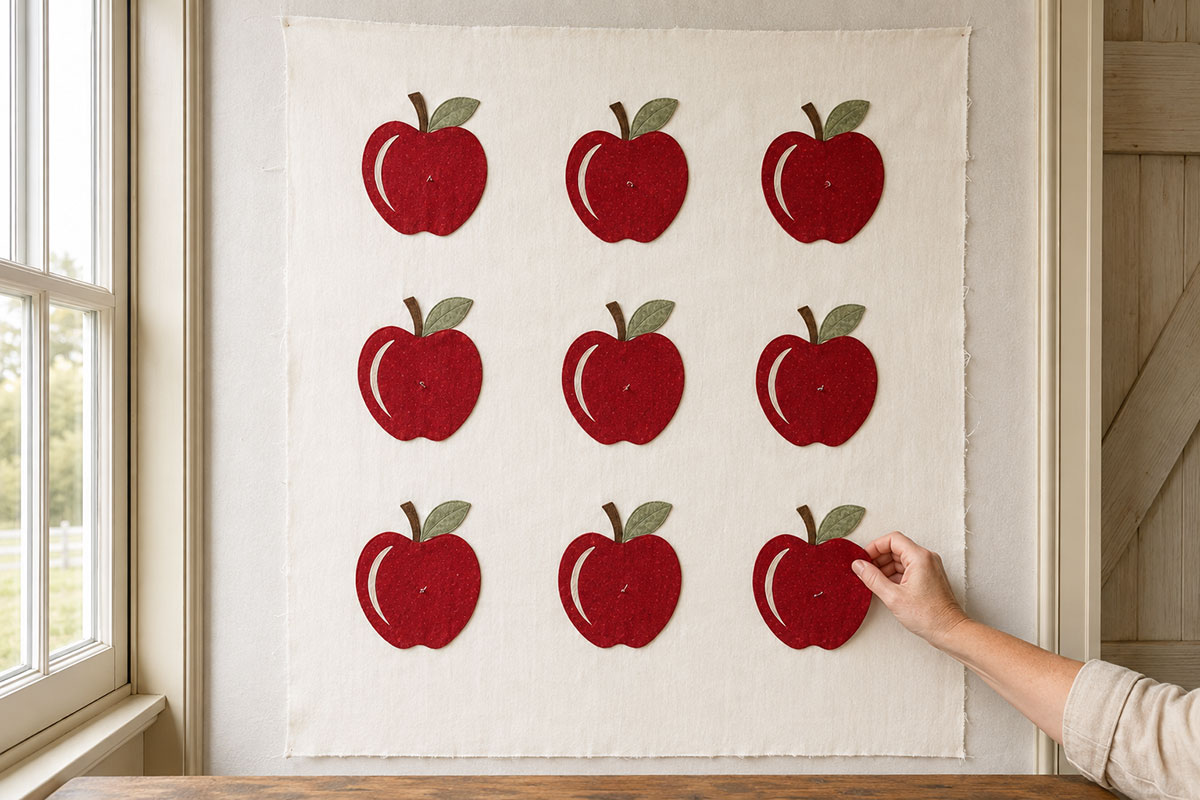 Nine red apple applique motifs positioned in three rows on a crib quilt background before fusing