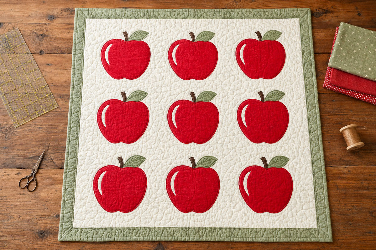 Overhead view of a 36 by 45 inch apple crib quilt with nine appliqué apples in a three by three layout