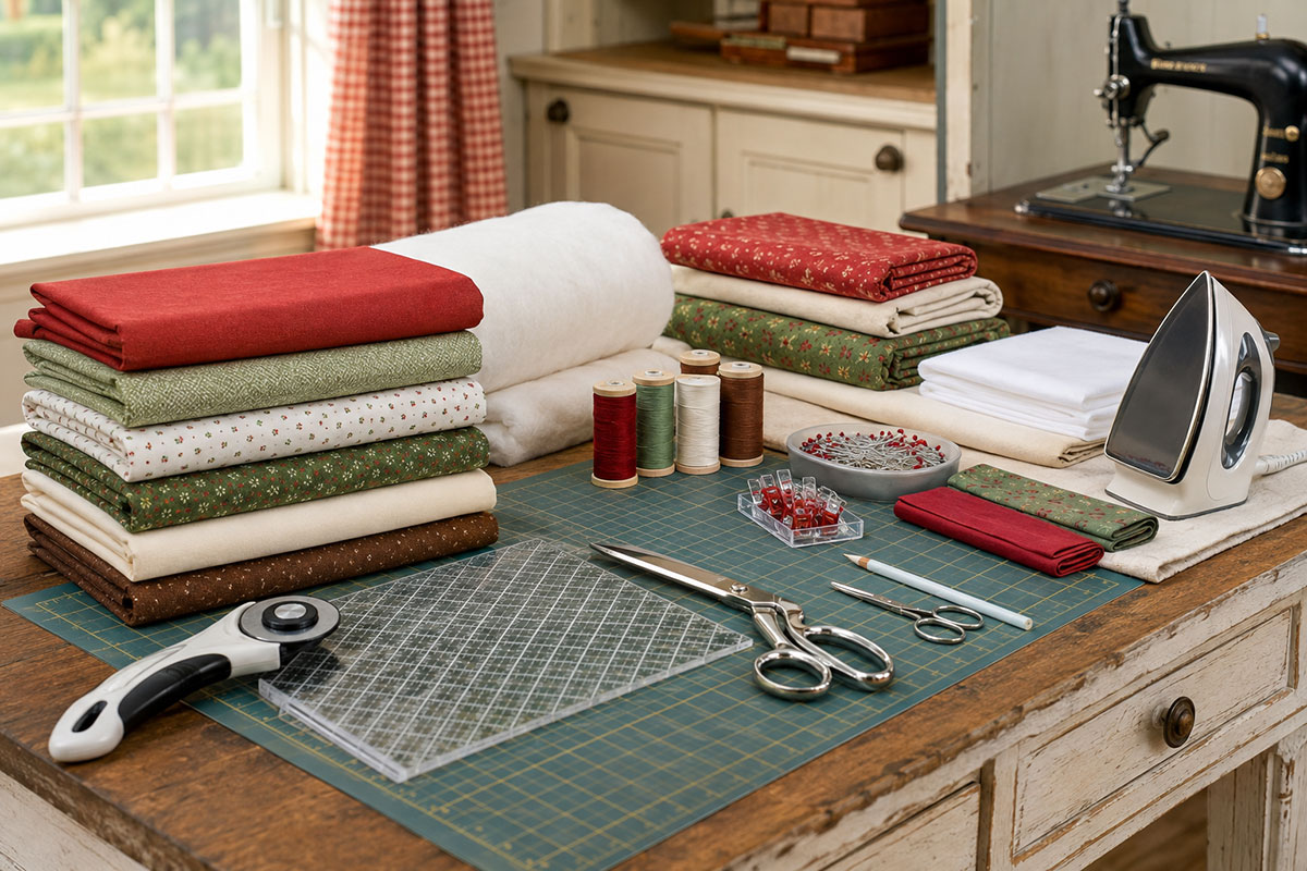 Red, green, brown and white quilting cotton with fusible web, thread, ruler and cutting tools for an apple appliqué quilt