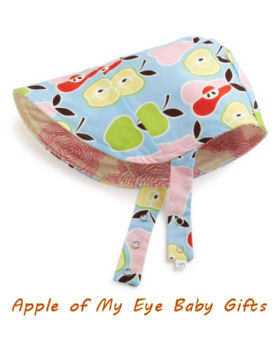 Baby girl bonnet in bright green and red apple print fabric