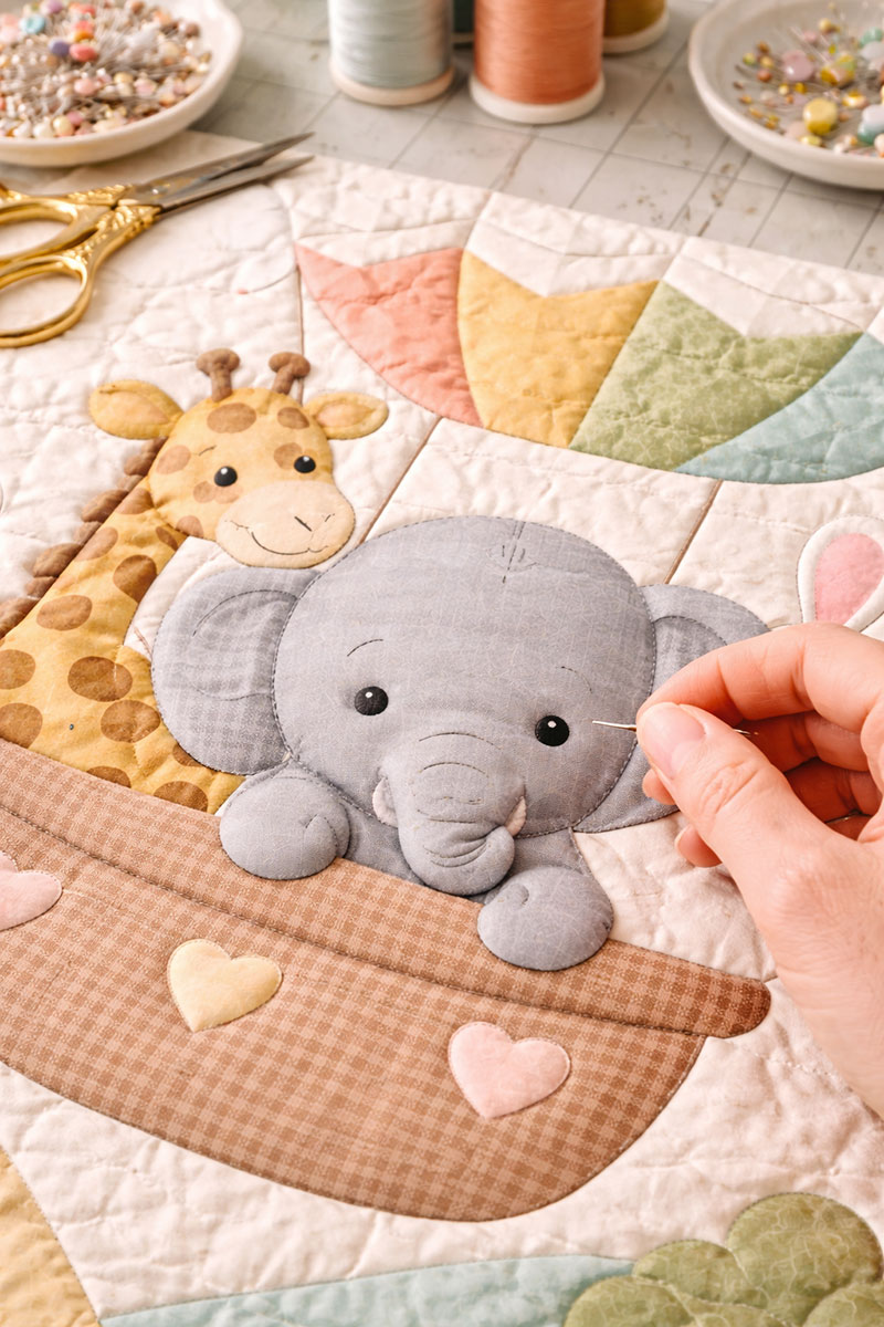 applique stitching detail on safari animals crib quilt