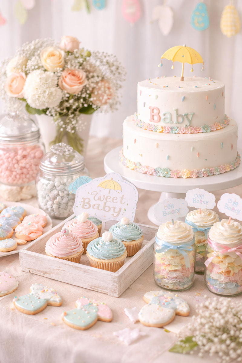 Soft baby shower dessert table photo that can be printed for a memory book