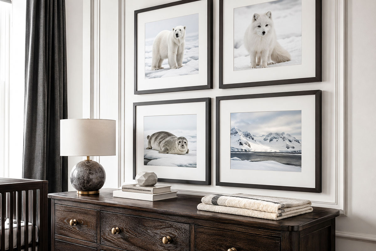 Close angled view of an Arctic nursery gallery wall with framed polar bear Arctic fox seal and snowy landscape artwork above a dark wood dresser