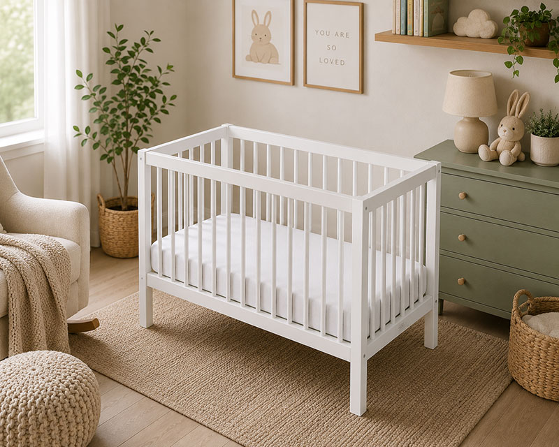 Firm breathable crib mattress fitted tightly inside a standard baby crib with flat surface and no gaps