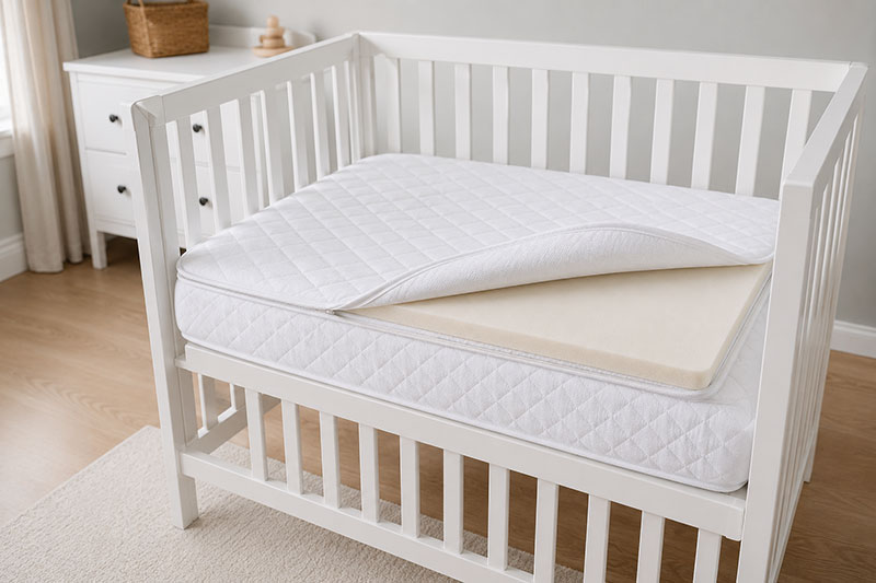 Illustration showing a crib mattress topper placed on a crib mattress for discussion purposes only, not a recommended safe sleep setup