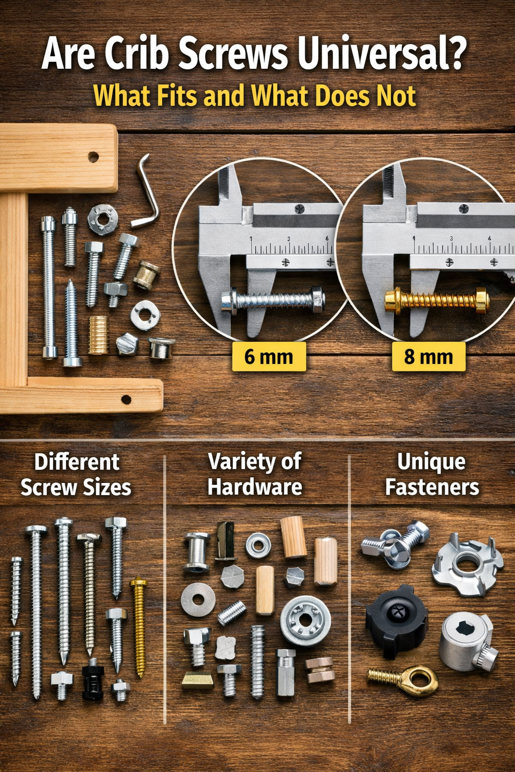 Comparison of different crib screws and hardware sizes showing why crib screws are not universal