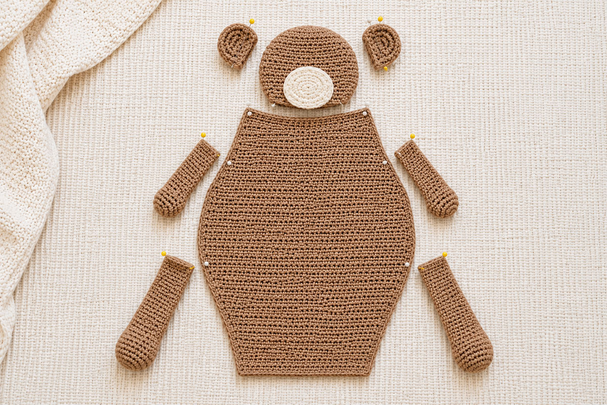 Crochet bear snuggler laid flat during assembly with head ears arms legs and muzzle pinned in their correct positions