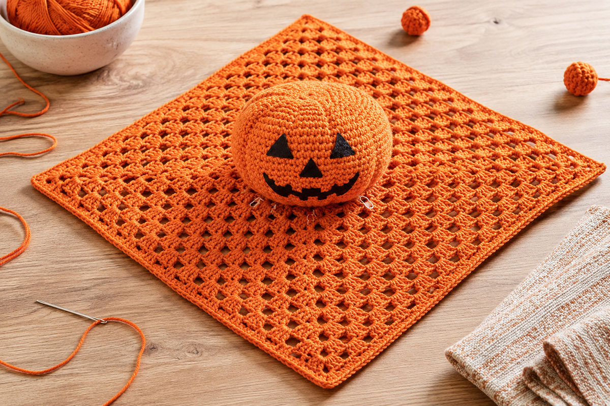 Crochet Jack-o'-lantern head centered and pinned to an orange granny-square lovey blanket before secure sewing