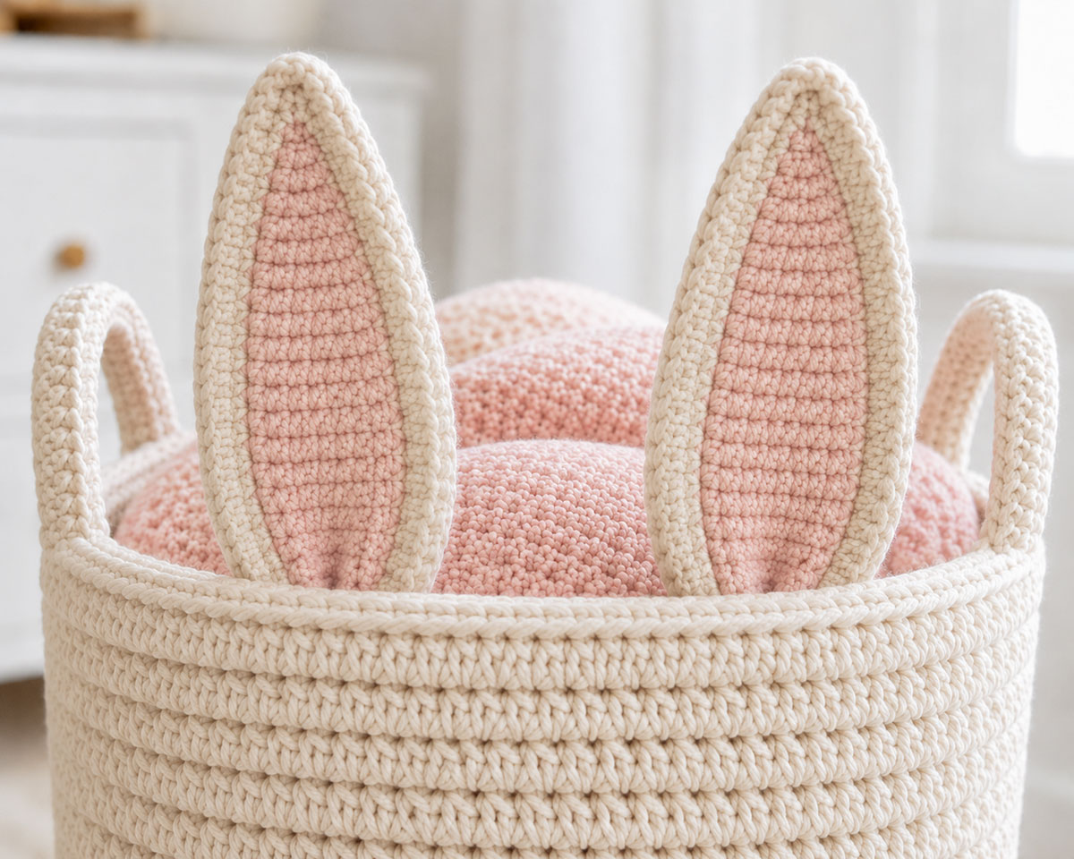 Close view of double-layered crochet bunny ears with shallow pleats attached to the inside front wall below the fully visible reinforced basket rim