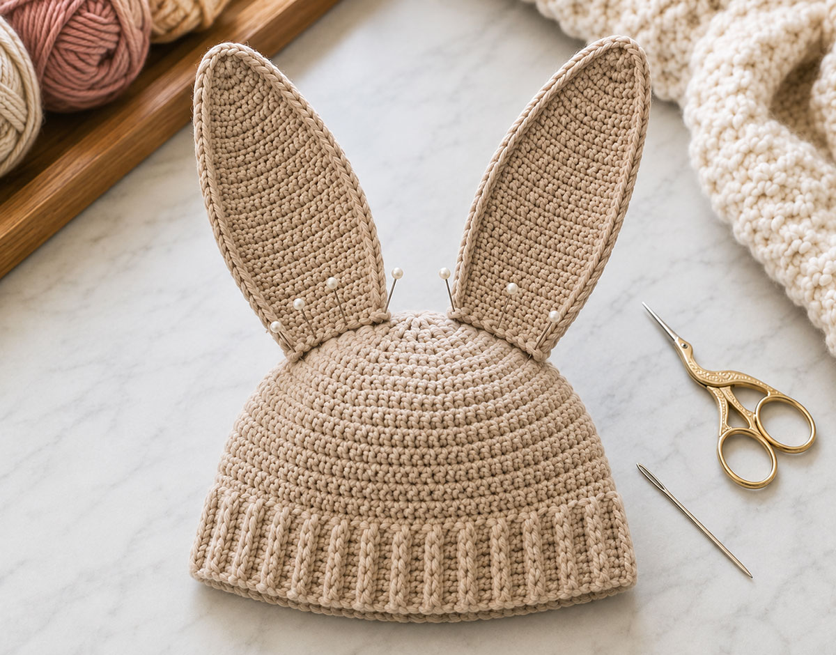 Close angled view of two upright crochet bunny ears pinned evenly to the crown of a smooth yarn ribbed beanie before sewing