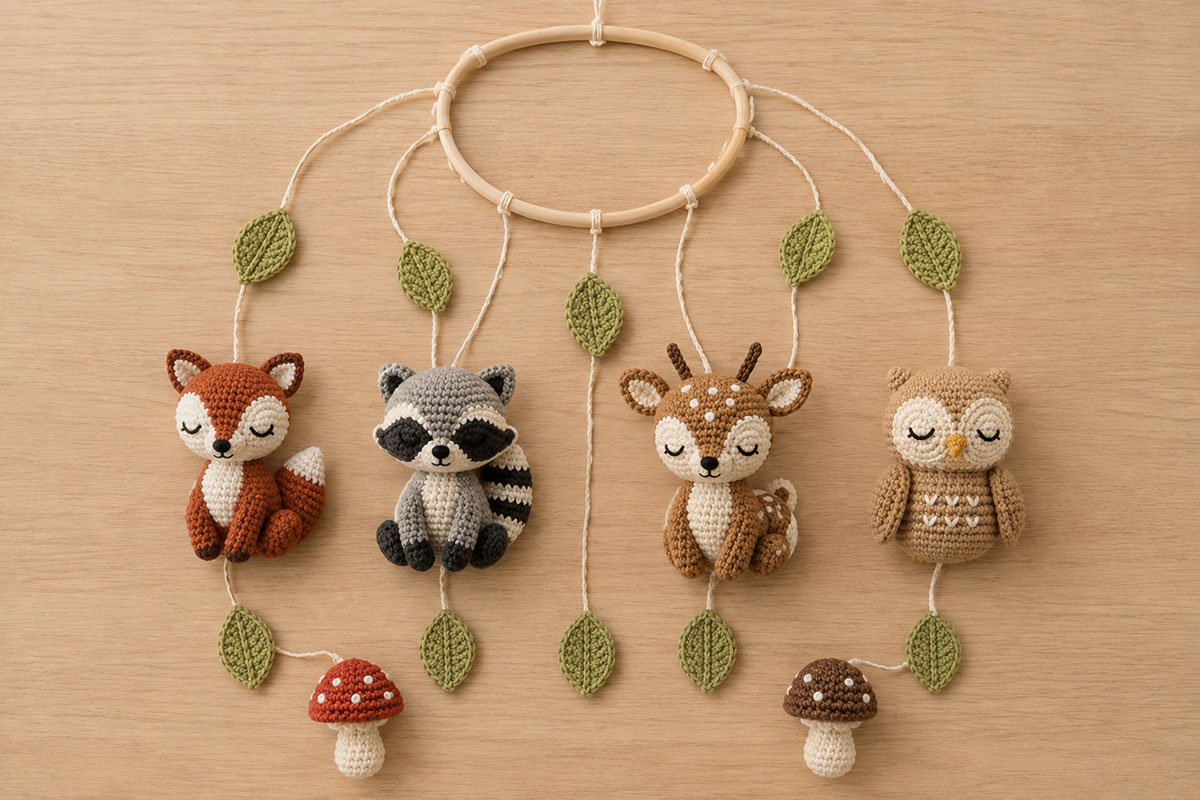 Crochet woodland animals mushrooms and leaves arranged beneath a wooden mobile hoop before final balancing