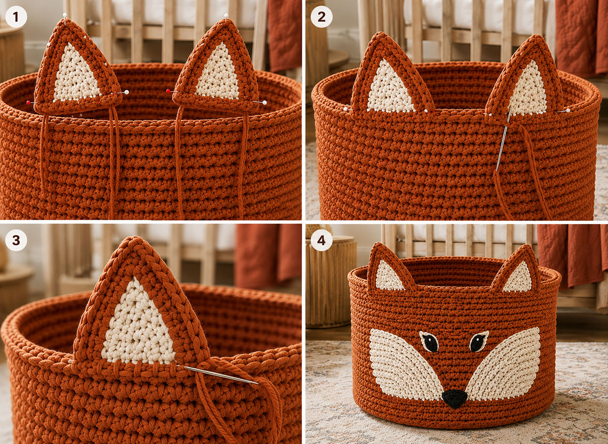 Double-layer crochet fox ear being securely sewn below the reinforced rim of a rust storage basket
