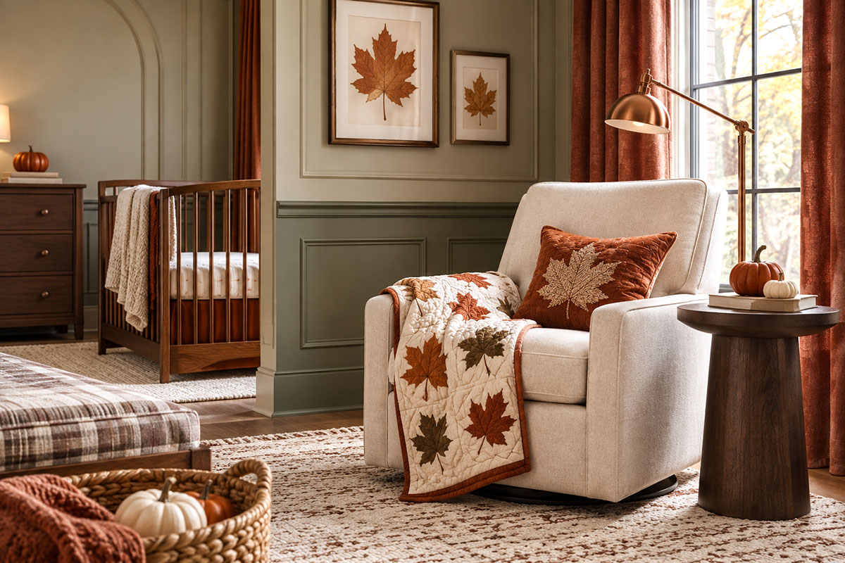 Autumn nursery chair makeover with rust maple leaf pillow handmade quilt and dark wood side table