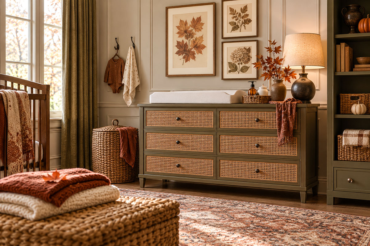Autumn nursery dresser makeover with warm wood rust textiles maple leaf artwork woven storage and olive accents