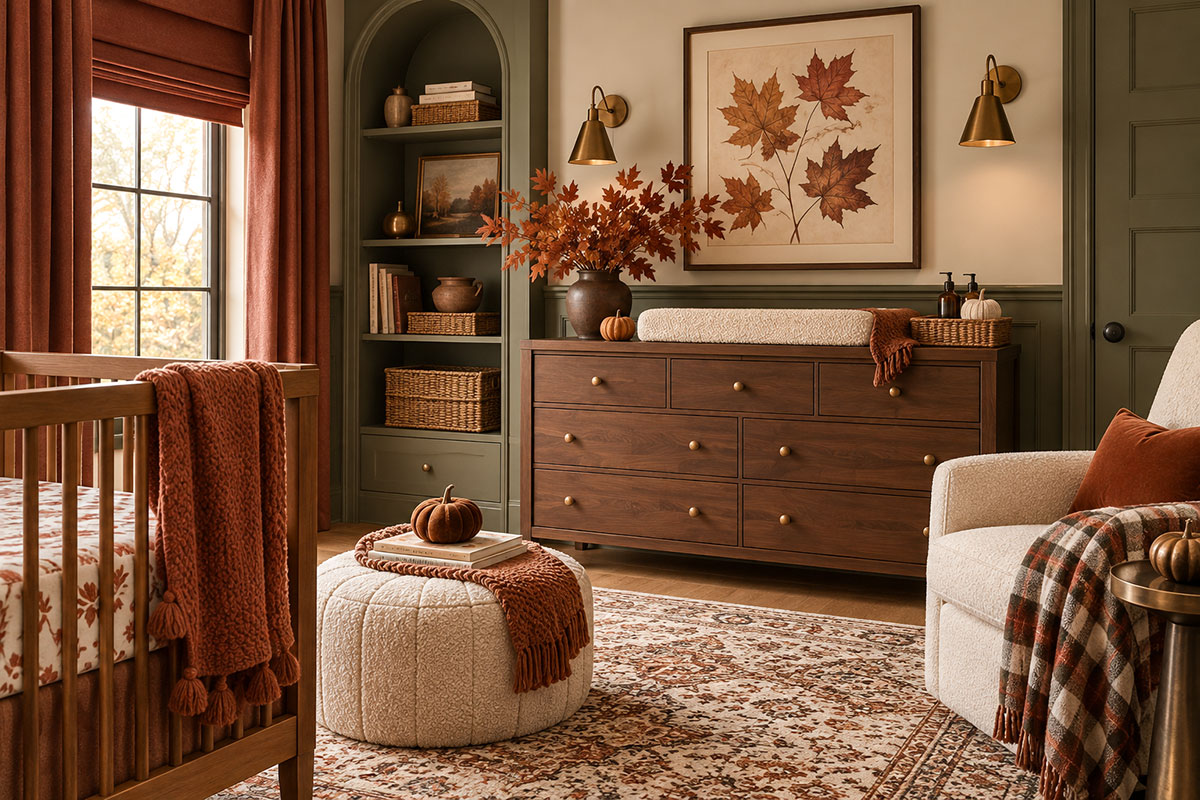 Autumn nursery makeover using rust olive and warm wood accents in an already furnished baby room