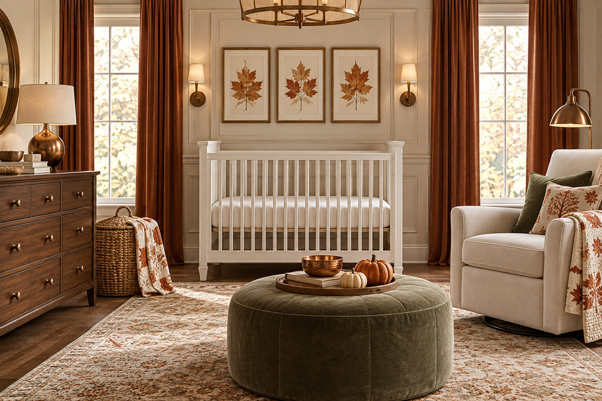 Elegant autumn nursery makeover with rust curtains olive ottoman maple leaf artwork white crib and dark wood dresser
