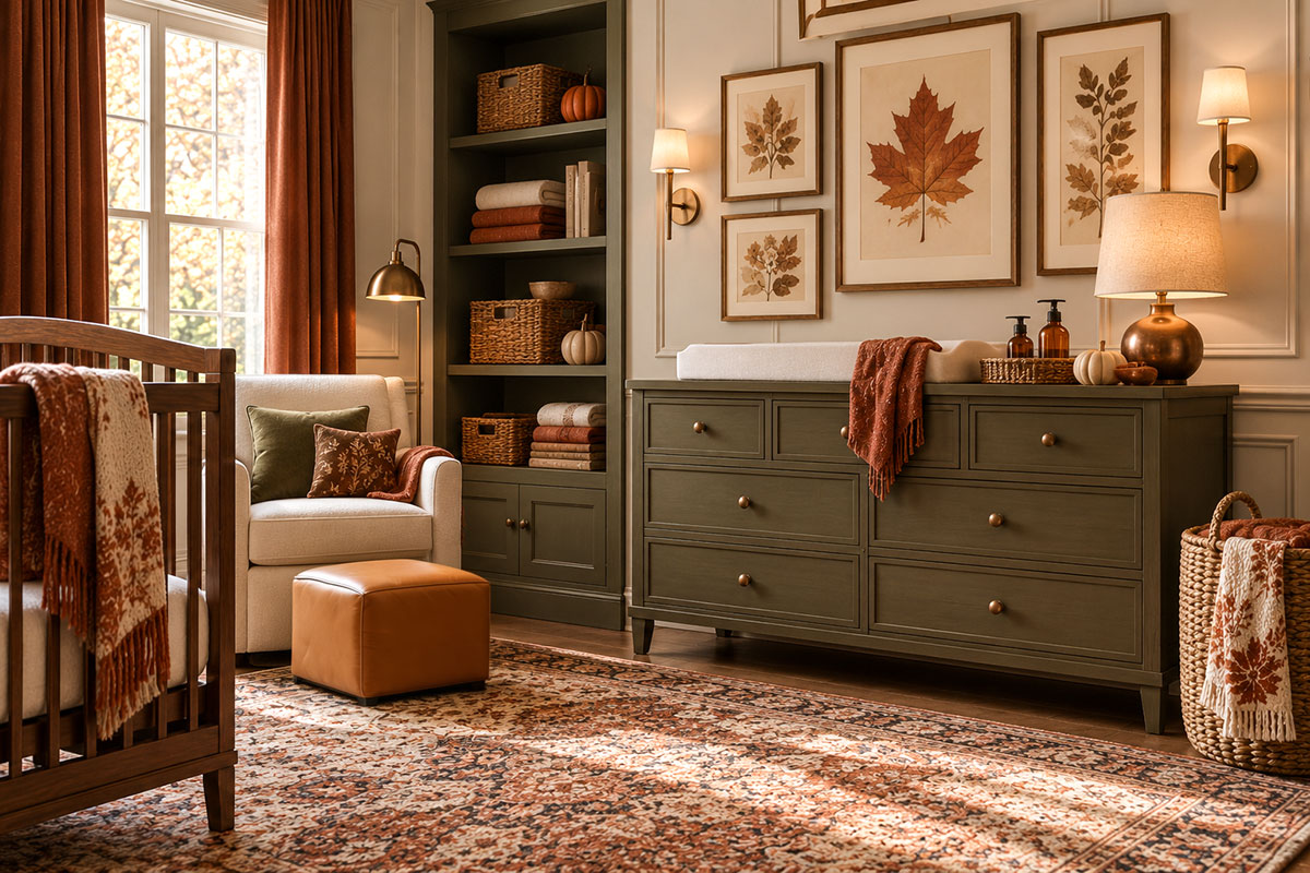 Autumn nursery wall decor and storage makeover with maple leaf art rust textiles woven baskets and small pumpkin accents