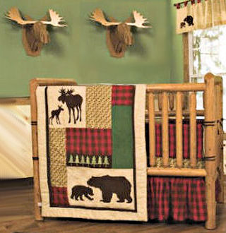 A rustic nursery decorated in log cabin style with moose bear  warm autumn colors and a homemade wooden baby crib