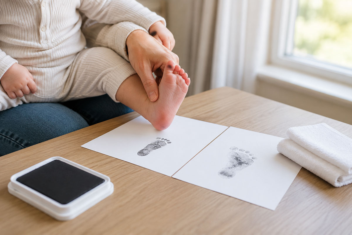 Adult lifting a baby's foot straight up from paper beside one clear footprint and one lightly smeared practice print