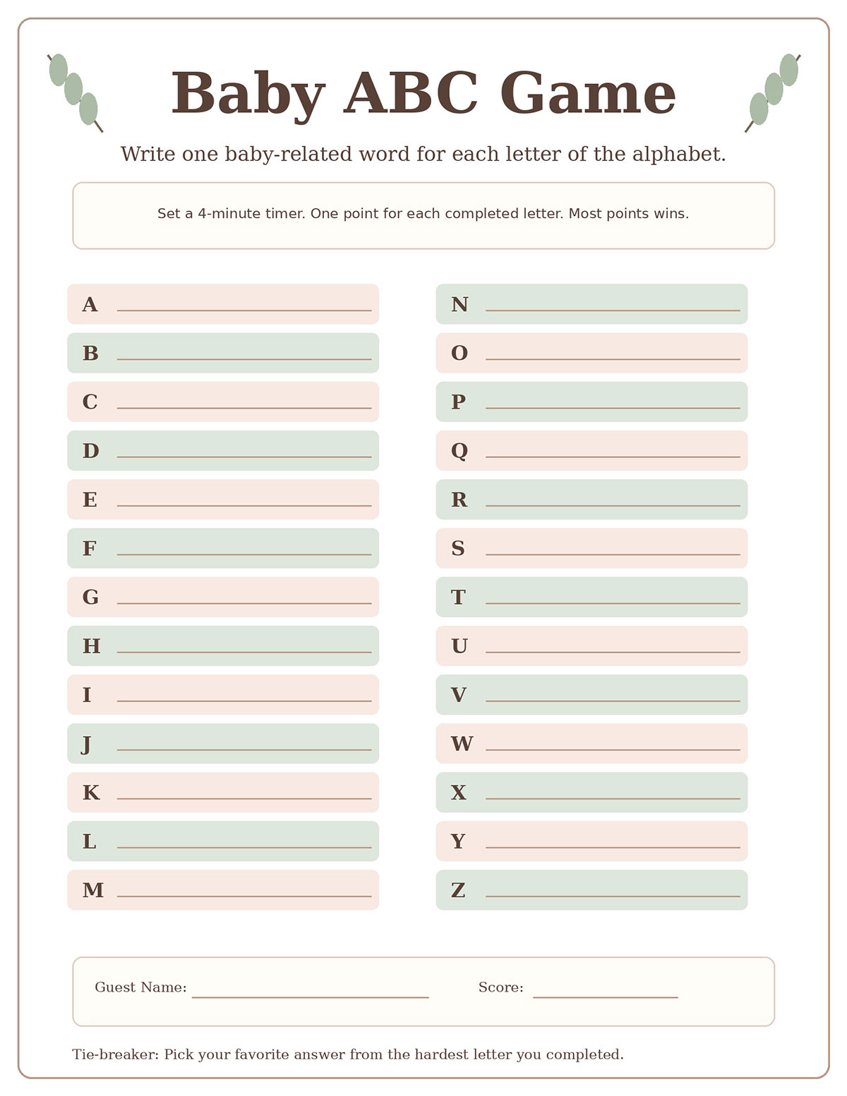 Free Baby ABC Game printable baby shower game with A through Z spaces for baby-related words