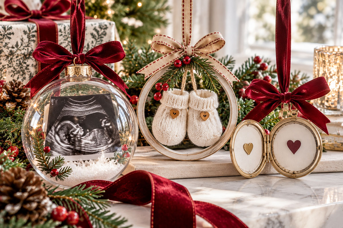 Three Christmas baby announcement ornament ideas with an ultrasound photo, tiny baby booties and a locket-style keepsake