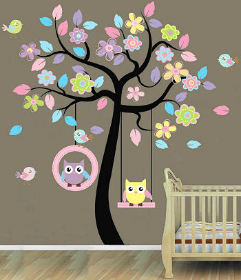 Ideas for a baby bird nursery wall design with tree and owls
