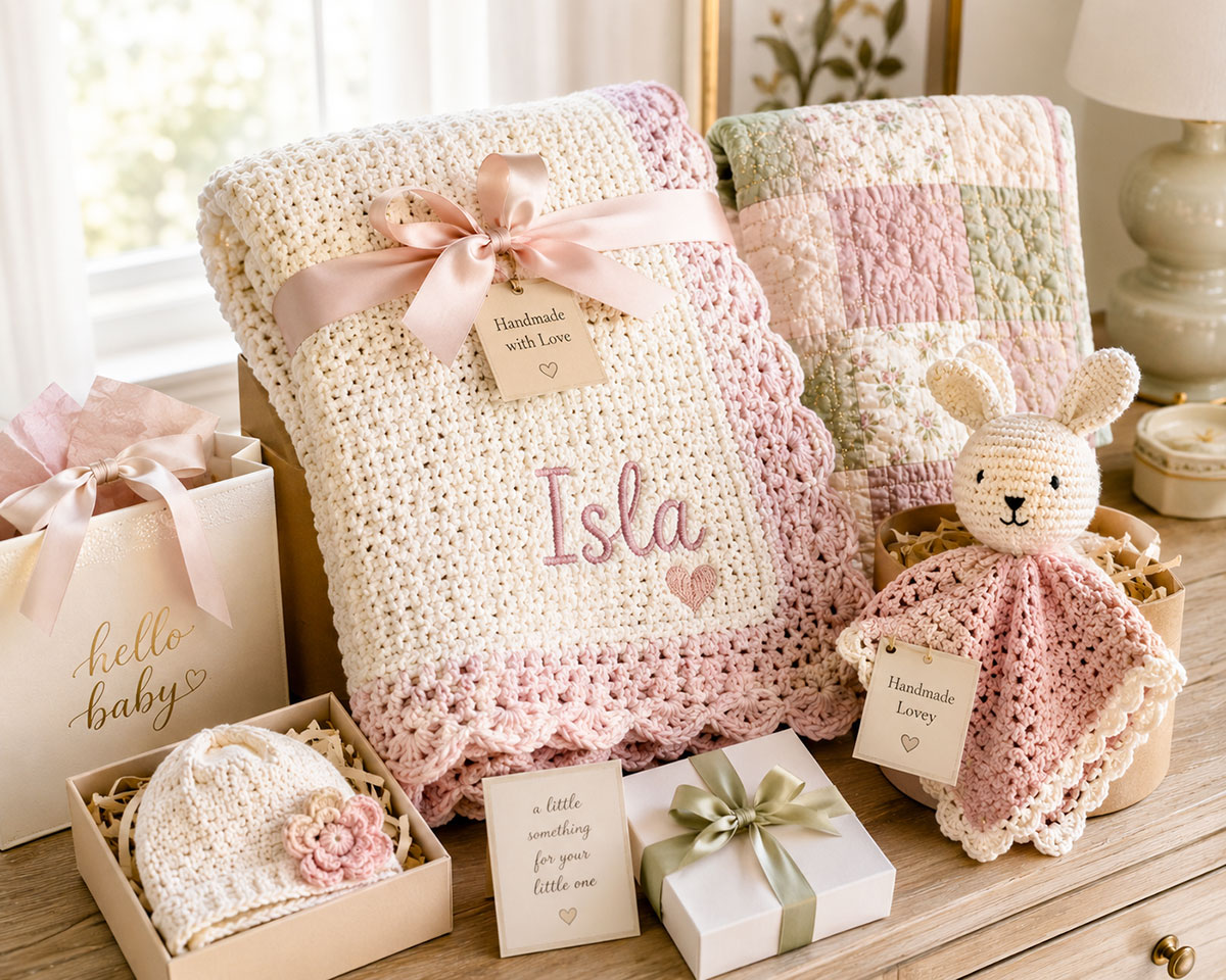 Personalized, crocheted and quilted baby blankets arranged as baby shower gifts