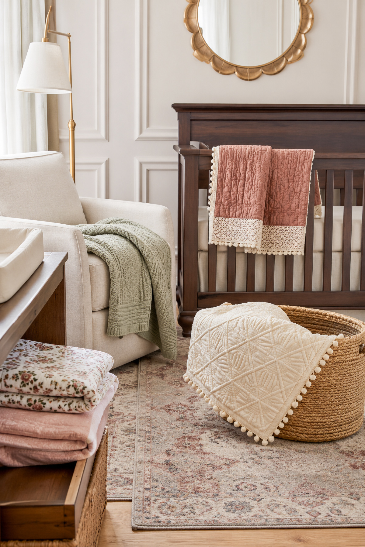 Collection of receiving, muslin, crochet, knitted and quilted baby blankets