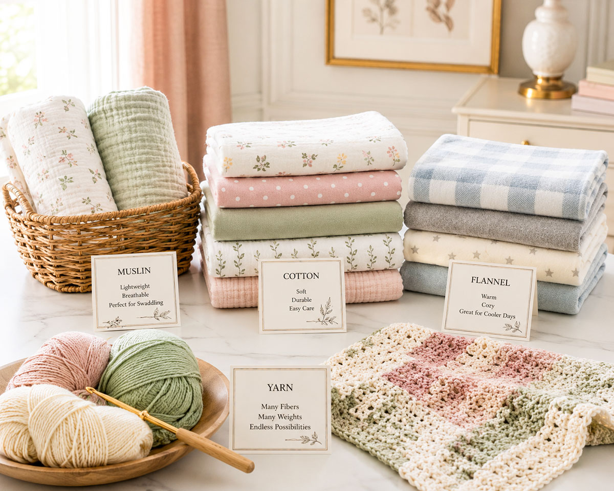 Close view of cotton muslin, flannel, crochet yarn and quilted baby blanket materials
