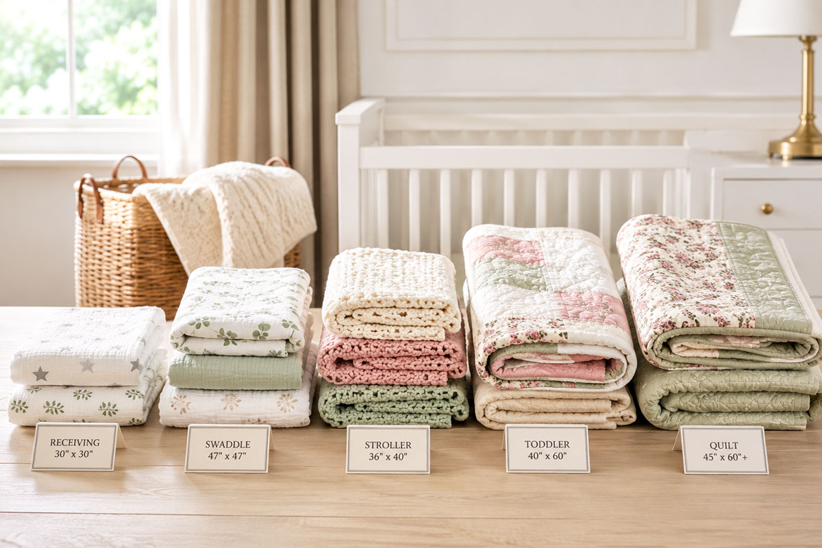 Different sizes of folded receiving, swaddling, crochet and toddler baby blankets