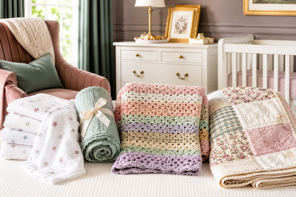 Receiving, muslin, crochet, knitted and quilted baby blankets arranged on a nursery bench
