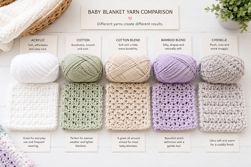 collection of baby blanket yarn arranged by fiber type on a tabletop for comparison