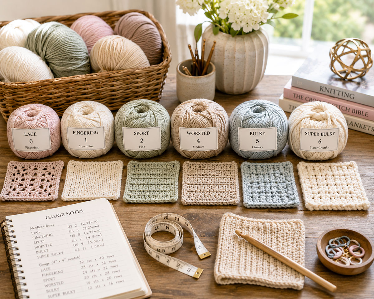 Baby blanket yarn in several weights beside crochet and knitting gauge swatches
