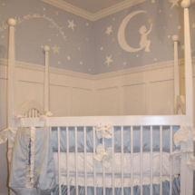 White, Silver metallic and Baby blue boy nursery room with a Goodnight Moon and Stars Theme