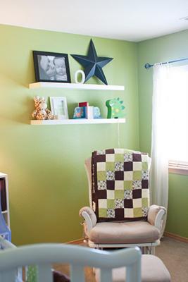 Baby Oliver's Blue, Green and Brown Dinosaur Themed Nursery with Polka Dots and homemade decorations.   