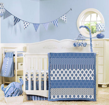 Baby blue nursery with Dwell Skyline baby crib bedding set