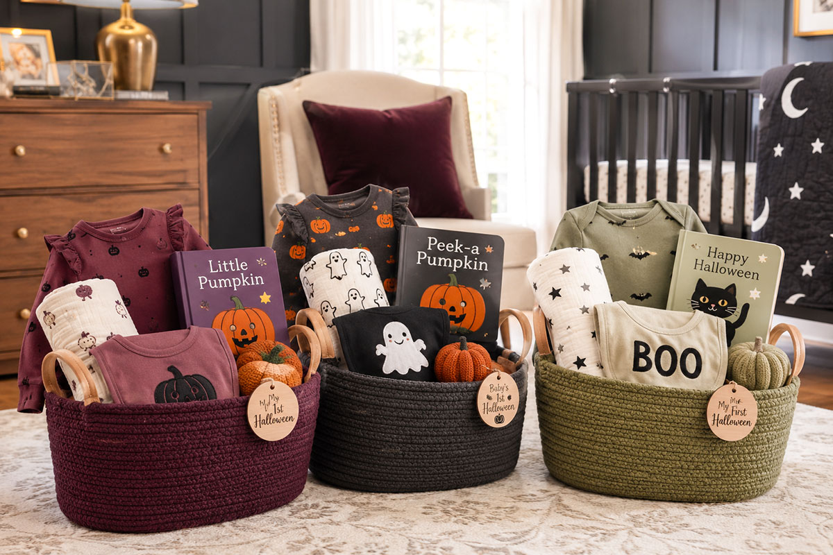 Three baby boo baskets in plum and rust, charcoal and pumpkin, and sage and black color combinations with baby outfits, board books, bibs and keepsakes