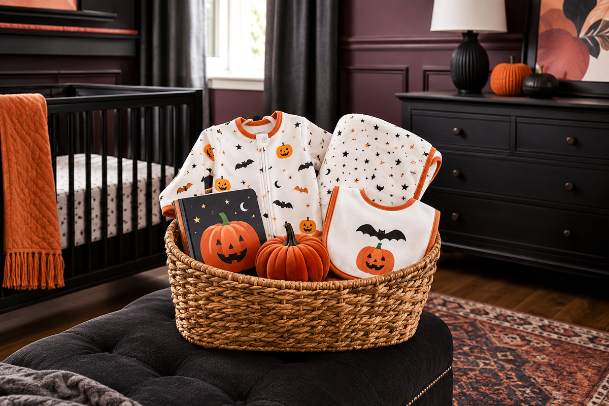 Baby boo basket ideas with a Halloween sleeper, board book, soft blanket, bib and pumpkin keepsake arranged in a woven basket