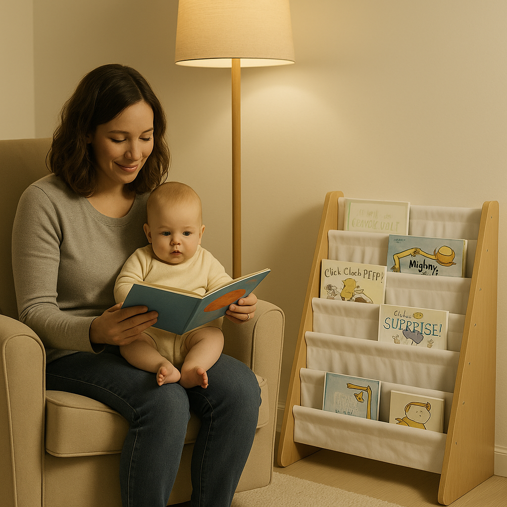 Mother reading to her baby beside a cozy nursery book rack filled with colorful board books under the soft glow of a floor lamp
