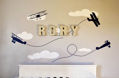 Baby boy airplane nursery room wall decorating ideas.  DIY decor.  DIY metal wall letters name initial monogram