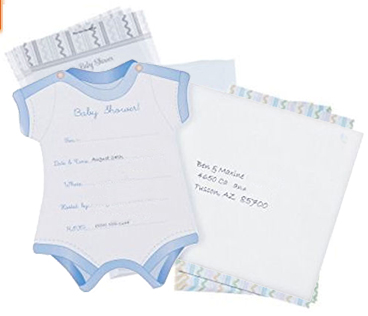 Powder blue printable personalized baby boy onesie baby shower invitation and envelope