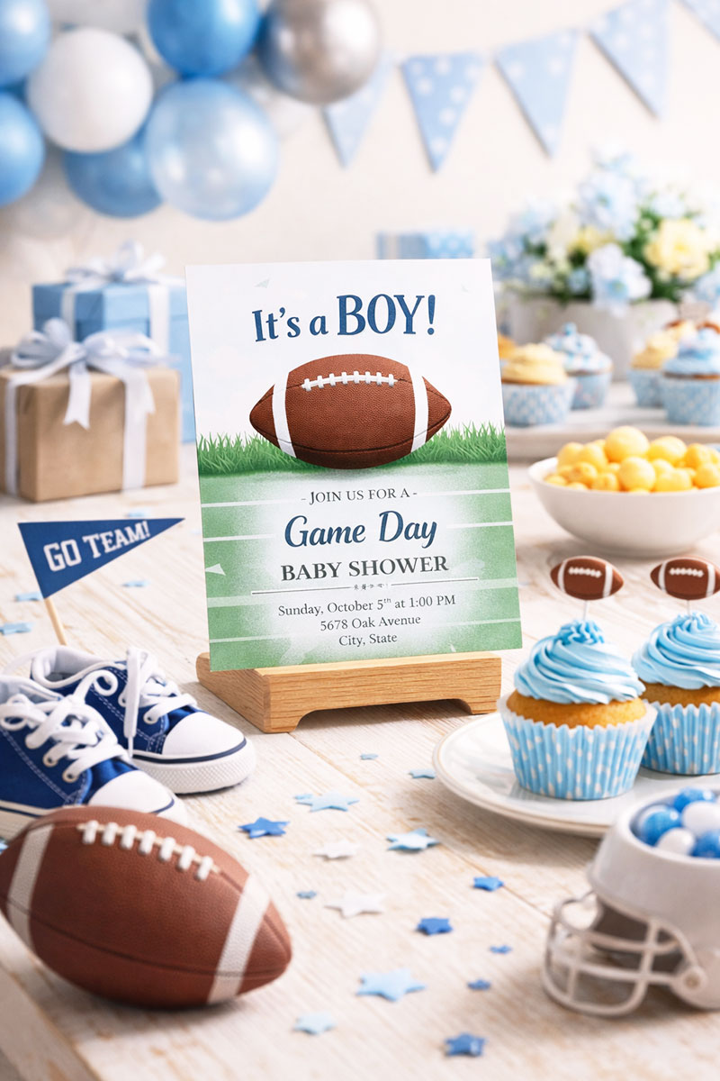 Baby boy sports theme shower invitation cards arranged on a party table with blue napkins and striped envelopes