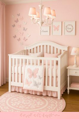 Elegant baby butterfly decor with subtle wall butterflies, soft bedding and a comfortable chaise lounge