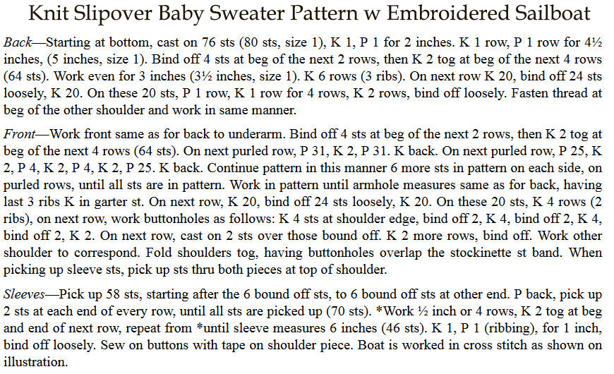 Free embroidered baby slipover sweater pattern for a boy or girl with a sailboat motif.