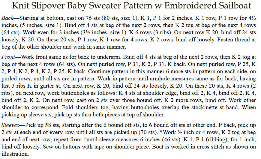 Free embroidered baby slipover sweater pattern for a boy or girl with a sailboat motif.