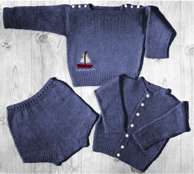 Free nautical baby sweater knitting pattern.  Embroidery sailboat pullover sweater pattern and diaper cover pattern.