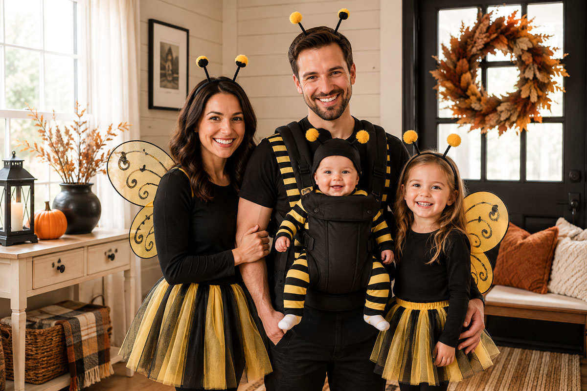 Family wearing coordinated bee Halloween costumes with the baby secured in a front baby carrier