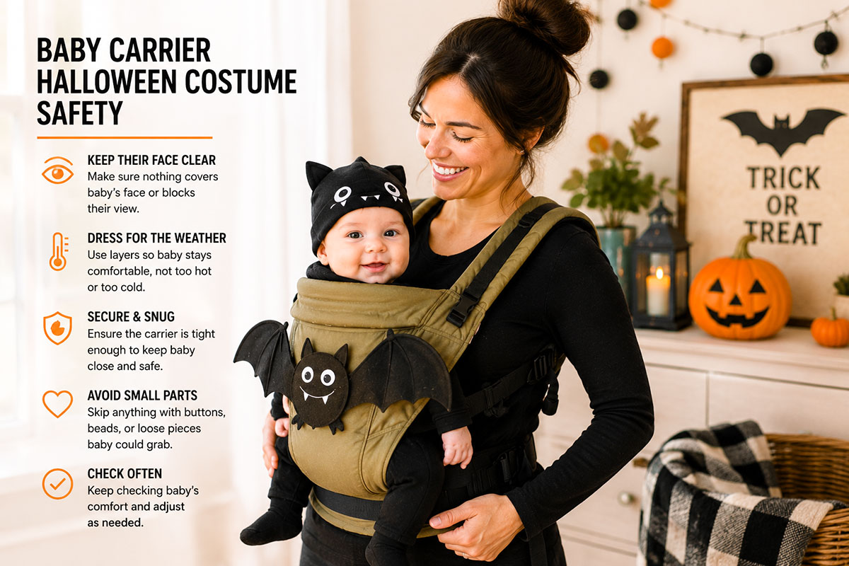 Baby carrier Halloween costume safety checklist beside a parent wearing a baby in a front carrier with the baby's face visible and uncovered