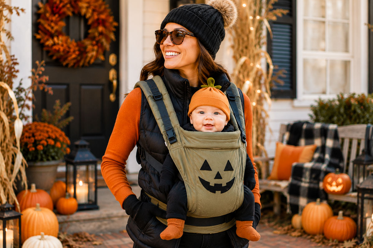 Parent dressed for cool autumn weather in a warm vest and beanie carrying a baby in a pumpkin hat in a jack-o'-lantern decorated front carrier